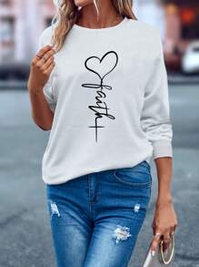 SHEIN LUNE Women Casual Letter & Heart Print Sweatshirt Pullover Fall Sweatshirt - White - View 5