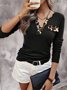 SHEIN Camiseta de manga larga con cuello en forma de corazón, estampado de leopardo en parches de unicolor, gráfico de estampado de guepardo, para uso diario - Blusas y tops de mujer para atuendos de primavera