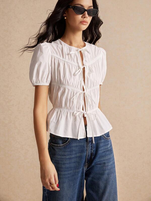 Poéselle Women's Solid Color Simple Everyday Lace Up Sleeve Bubble Sleeve Shirt, White Lace Up Shirt, Bubble Sleeve, Fall Shirt, 100% Cotton, Outwear, Babydoll Top, Bow Shirt, Women's Shirt, Business Casual Women