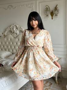 Flirla Plus Size V-Neck Long Sleeve Waist Ruched Elegant Allover Print Dress Fall Cloth For Women