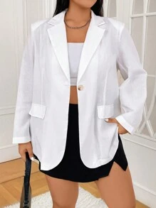 CovetEZ Plus Size Solid Color White Single Button Casual Long Sleeve Blazer - White - View 3
