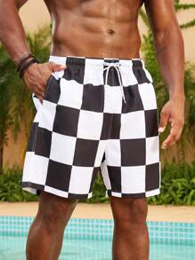 Manfinity Plus Size Men's Plaid Lace-Up Pocket Beach Shorts, Casual & Holiday