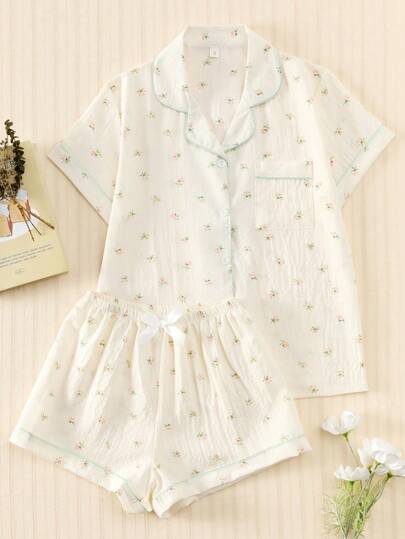 2pcs/Set Women's Small Floral Printed Summer Pajama Set, Short Sleeve Button-Down Shirt And Shorts, Casual Loungewear For Summer., Two Pieces Set