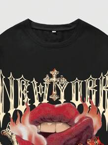 ROMWE MEN Street Life 男士十字架和嘴唇印花短袖T恤，适合万圣节、学校和2000年代风格 - 黑色 - 查看 8