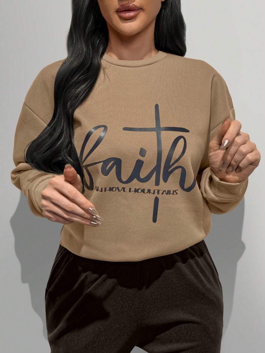 INAWLY Áo nỉ ấm áp in chữ "Faith CAN MOVE MOUNTAINS" (Niềm tin có thể dời núi) - Áo nỉ chui đầu mùa thu. - Màu Khaki - Xem 1