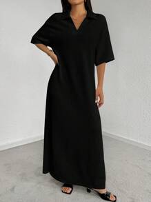 Seusyu Black Drop Shoulder Collar Split Dress - Black - View 3