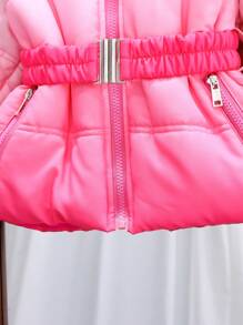 SHEIN Young Girl Rainbow Print Warm Hooded Zipper Coat With Fluffy Collar, Winter - Pink - View 4