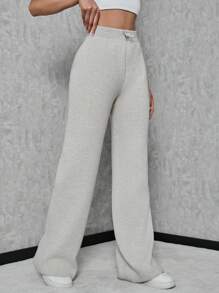 SHEIN Tall Drawstring Waist Knit Pants - Apricot - View 3