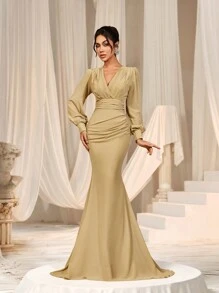 Faeriesty Elegant Cross-Over V-Neck Lantern Sleeve Mermaid Hem Dress - Sophisticated Timeless Design For Spring/Summer Weddings, Galas, Red Carpet
