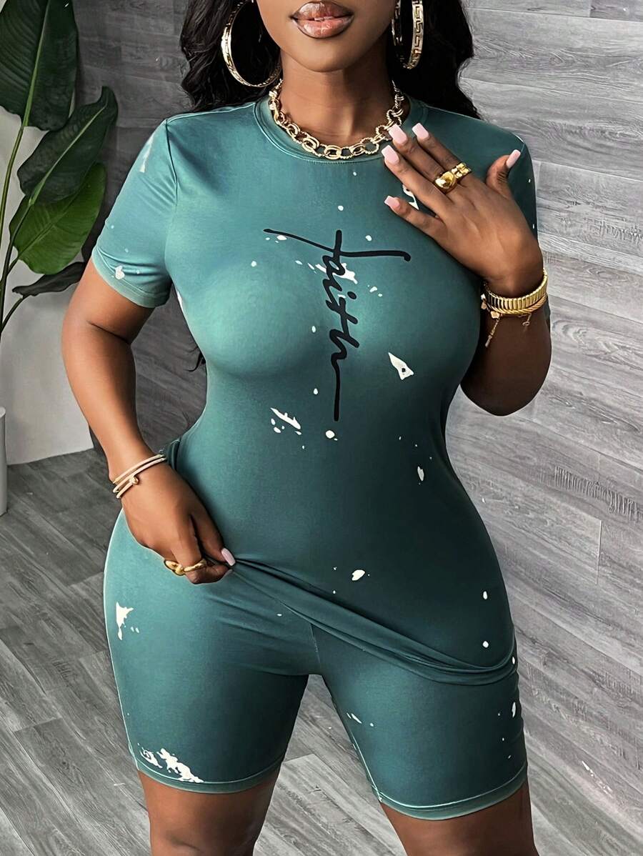 Slaydiva Elegant Green Tie-Dye Printed Slogan Bodycon T-Shirt And Leggings Set - Multicolor - View 1