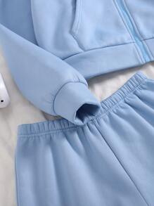 SHEIN 2pcs Teen Girls' Thermal Lined Hoodie And Shorts Set, Casual Sports Outfit For Fall & Winter - Blue - View 3