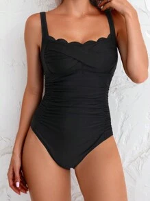 女式露背褶饰休闲时尚连体泳衣夏季 - 黑色 - 查看 4