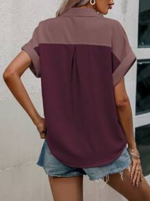 SHEIN LUNE 撞色纽扣前口袋短袖衬衫，夏季，短袖上衣
