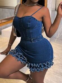 SHEIN Slayr Spaghetti Strap Back Zipper Ruffled Hem Fitted Denim Shorts, Casual Daily - Medium Wash - View 6