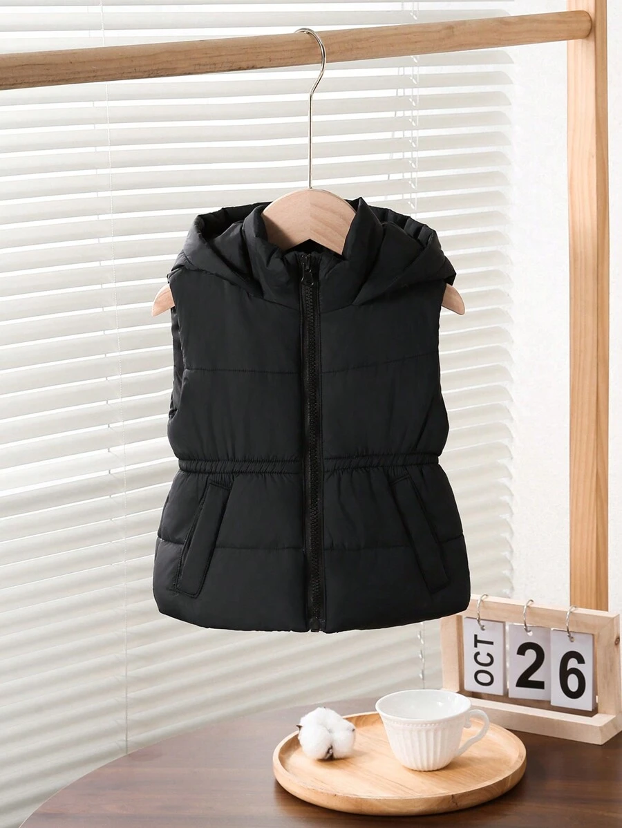 女婴加厚连帽无袖背心，休闲冬季外套 - 黑色 - 查看 1