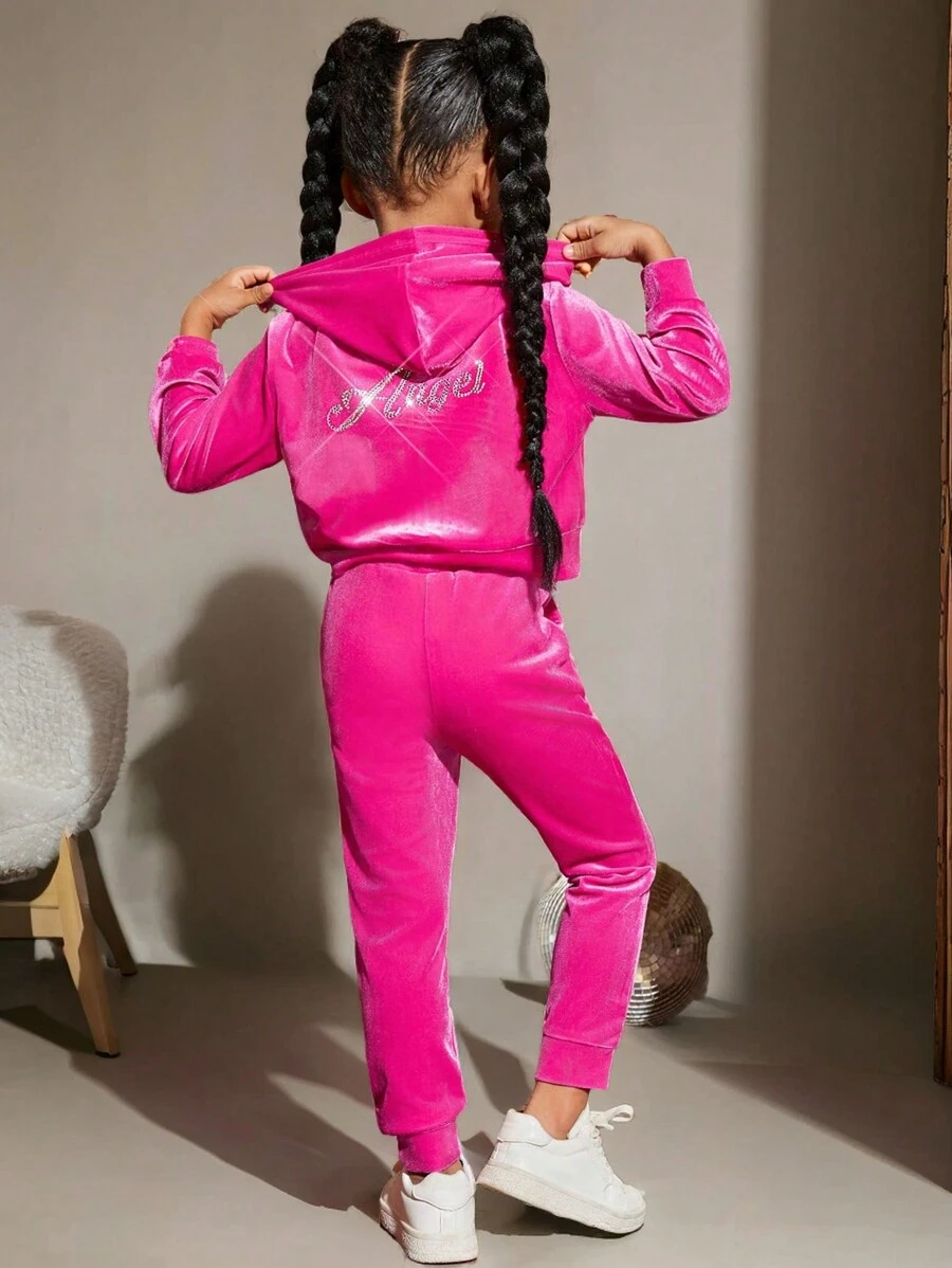 SHEIN Leap Crew Young Girl Rhinestone Letter Pattern Velvet Hoodie & Sweatpants - Hot Pink - View 1