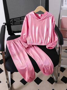 SHEIN 2-częściowy dziewczęcy, minimalistyczny, błyszczący, skrócony zestaw bluzy z kapturem i spodniami ze ściągaczem, odpowiedni do codziennego noszenia na co dzień, na wiosnę i jesień, na wszystkie pory roku
