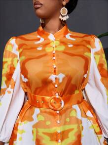 Slaydiva 优雅浪漫大码女式花卉印花 A 字形灯笼袖连衣裙 - 彩色 - 查看 6