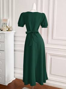 Modelyn 女士甜心领口短袖优雅迷人时尚连衣裙 - 墨綠色 - 查看 2