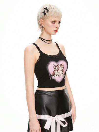 Kawaii Top camisero con estampado de gato, lazo y adorno de encaje en contraste, para mujer, escolar