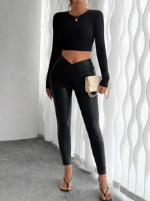 SHEIN Raffinéa Celana Legging Yoga Wanita Pinggang Tinggi Tebal Warna Polos Elastis untuk Musim Gugur - Hitam - View 5