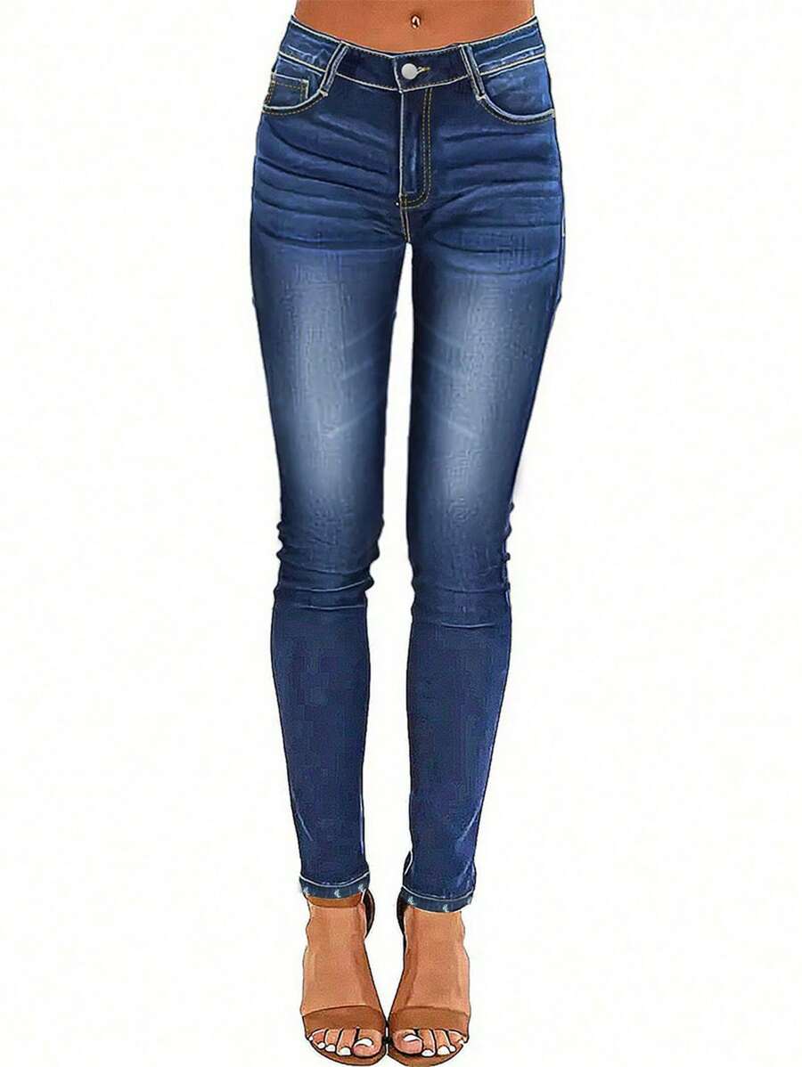 洗水彈性修身褲 - 深色水洗藍 - 查看 1