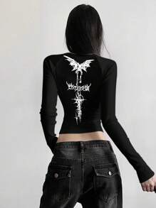 INAWLY Camiseta corta de manga larga con cuello redondo y estampado de letras góticas, en color negro con mangas raglán. Camiseta gráfica para mujer para primavera y otoño - Negro - Ver 3