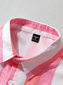 Manfinity Homme Men's Color Block Striped Printed Short Sleeve Shirt And Solid Color Shorts, Simple Daily Outfit - Pink - View 6