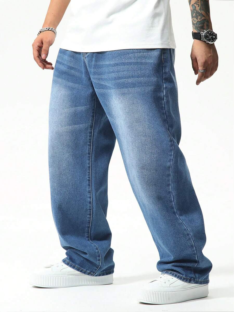 Chillumni Plus Size Men Casual Everyday Wear Baggy Jeans, Plain Long Baggy Dark Wash Jeans Navy Blue Washed Cargo Jeans, For Husband, Boyfriend Gifts Going Out Hang Out Commute Vacation Street - Medium Wash - View 1