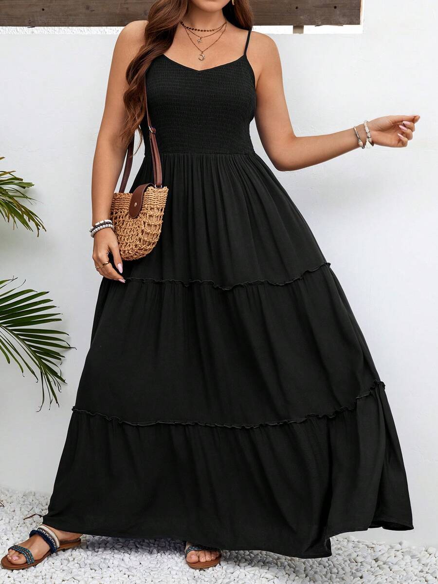 SHEIN LUNE Plus Size Spaghetti Strap Backless Xù Hem Đầm hoa duyên dáng - màu đen - Xem 1