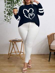 SHEIN LUNE Women's Plus Size Heart & Stripe Pattern Printed Drop Shoulder T-Shirt Graphic Tees Women Tops - Royal Blue - View 4