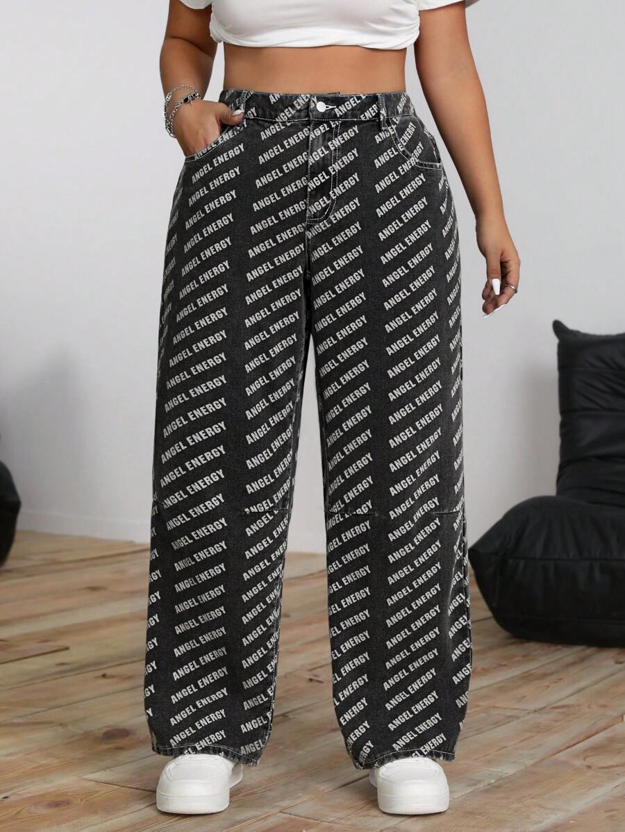 SHEIN ICON Plus Size Front Button Closure Multi-Pocket Letter All Over Print Denim Jeans, Casual Everyday Wear - Grey - View 1