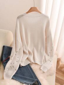 SHEIN Essnce Plus Size Women's Rhinestone Hollow Pullover Sweater - Beige - View 2