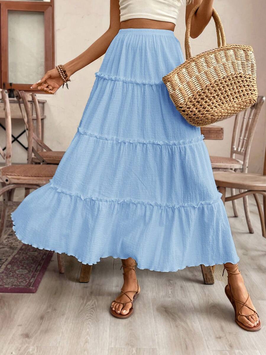 SHEIN Frenchy Falda larga con volantes, escalonada y fruncida en la cintura, de tela con textura, elegante, linda, para vacaciones de verano, de unicolor, estilo bohemio chic - Celeste - Ver 1
