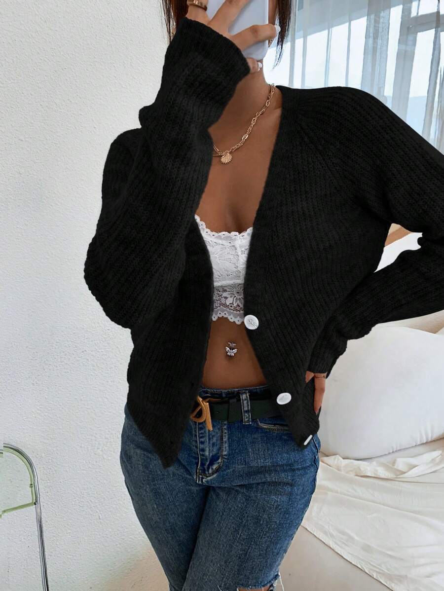 SHEIN LUNE Solid Color Long Sleeve Front Button Casual Black Cardigan - Black - View 1