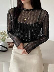 DAZY 女士透明圆领休闲衬衫，新款秋季时尚外出上衣长袖女式上衣，秋季女装 - 黑色 - 查看 5