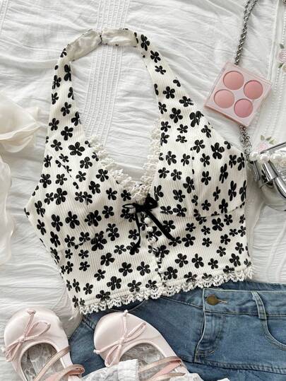 Soleia Ropa para el principio del otoño, vuelta al colegio, graduación y temporada de bodas - Conjunto de vuelta al colegio, atuendo de vacaciones, blusa de corte imperio, top casual y abertoque con lazo y cuello en V con estampado floral corto