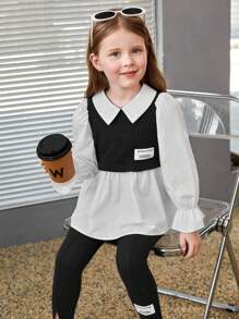 SHEIN 2 piezas Conjunto de blusa con mangas abullonadas y pantalones de bloque de color elegante para niña joven