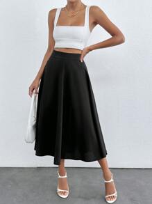 SHEIN Chân váy nữ cỡ lớn màu đen trơn, cạp cao, kiểu dáng thường ngày, có khóa kéo bên hông. - màu đen - Xem 2