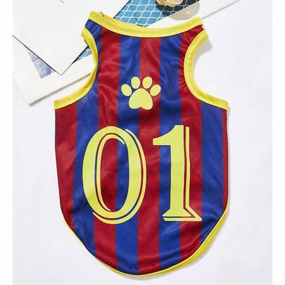 PETSIN 1 pieza Chaleco de jersey deportivo para mascotas perros/gatos, diseño con rayas rojas/azules con números y huellas, cómodo y transpirable para el verano