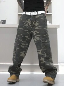 Manfinity EMRG Men's Button Waist Belt Loop Camo Design Casual Denim Jeans, Camo Long Baggy Washed Cargo Jeans, For Husband, Boyfriend Gifts Going Out Disco Party Vacation Street - Army Green - View 4