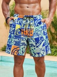 Surfspeed Nam Plus Size Kỳ nghỉ in chữ có dây rút Quần short đi biển ống rộng - Nhiều màu - Xem 4