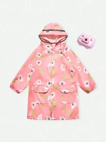 Girls' Waterproof Floral Print Hooded Raincoat - Pink - View 1