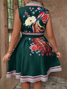 SHEIN Clasi Plus Size Vacation Casual Floral Printed Sleeveless Front Buttoned Dress - Green - View 2