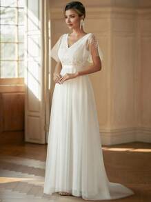 Simple White Wedding Dress V-Neck Sequin Mesh Wedding Dress - White - View 6