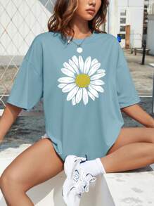 INAWLY 圆领宽松 T 恤，带花卉图案图案 T 恤女式上衣 - 霧霾藍 - 查看 4