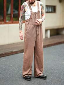 Manfinity Homme 男式复古棕色牛仔宽松休闲背带裤 - 棕色 - 查看 1