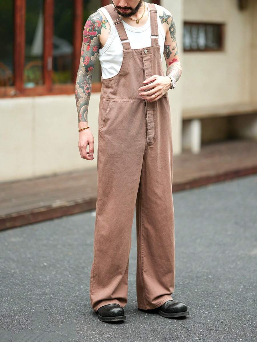 Manfinity Homme 男式复古棕色牛仔宽松休闲背带裤 - 棕色 - 查看 1