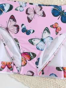 3pcs/Set Tween Girl Cute Butterfly Print Ruffle Decor Bikini Bikini Set Summer Beach - Pink - View 7