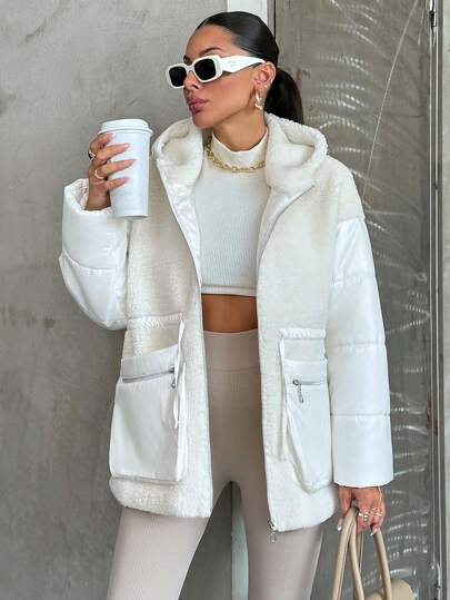 EURMUSE Plus Women's Coat Made Of Fluffy Fabric And Padding With A Fitted Design, Fabric Patchwork, Adjustable Waist, Side Pockets With Zipper, Hood